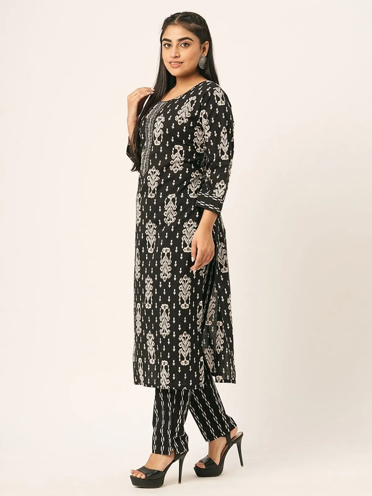 Odette Black Printed Cotton Stitched Kurta Set For Women