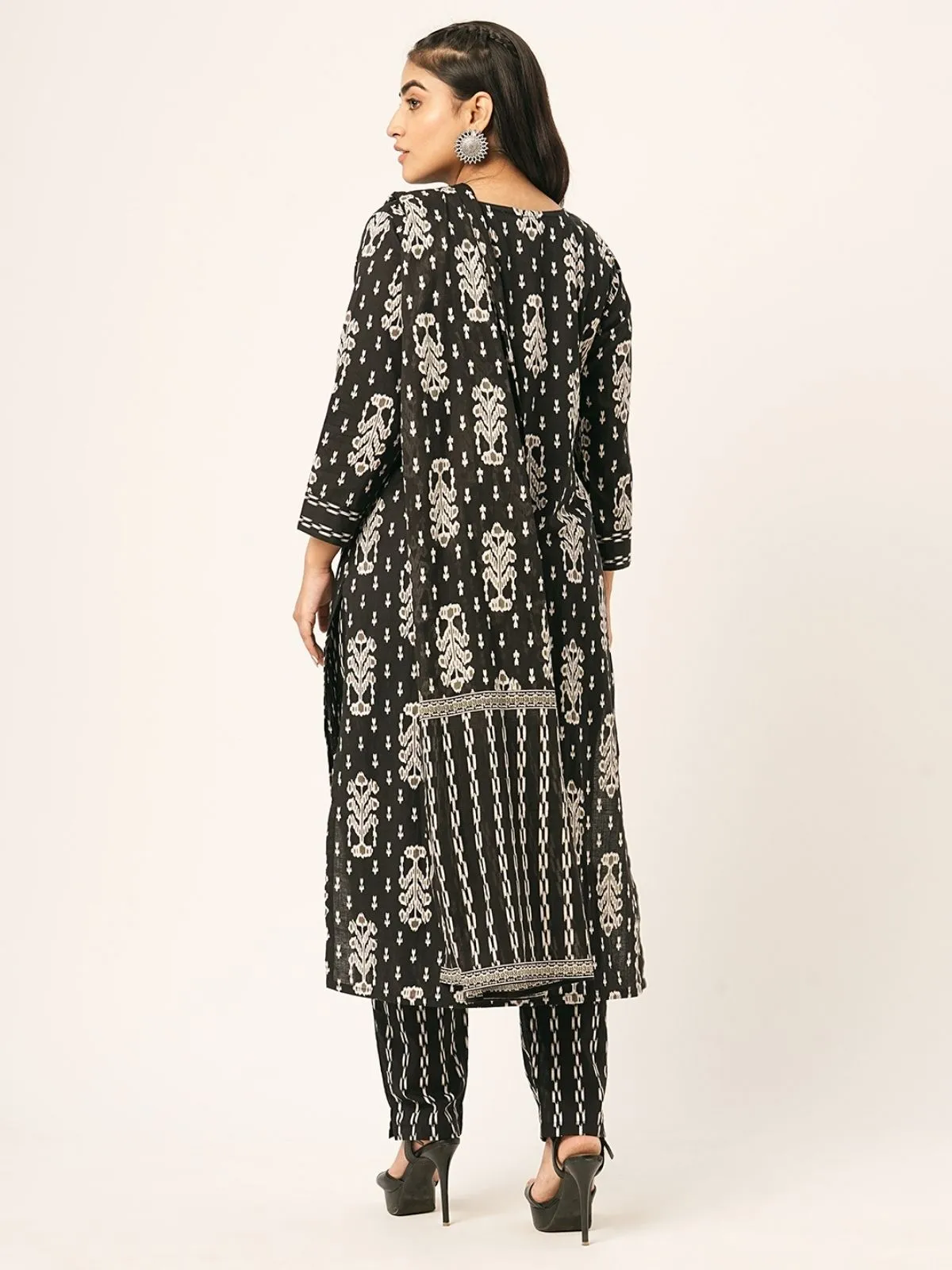 Odette Black Printed Cotton Stitched Kurta Set For Women