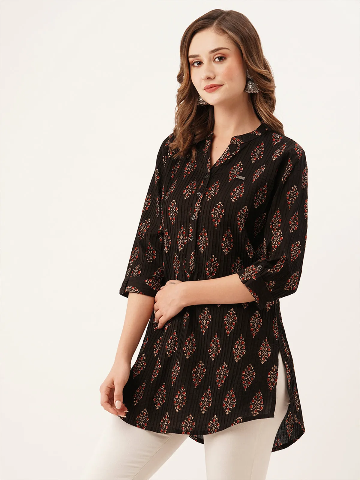 Odette Black Printed Cotton Stitched Short Kurta For women