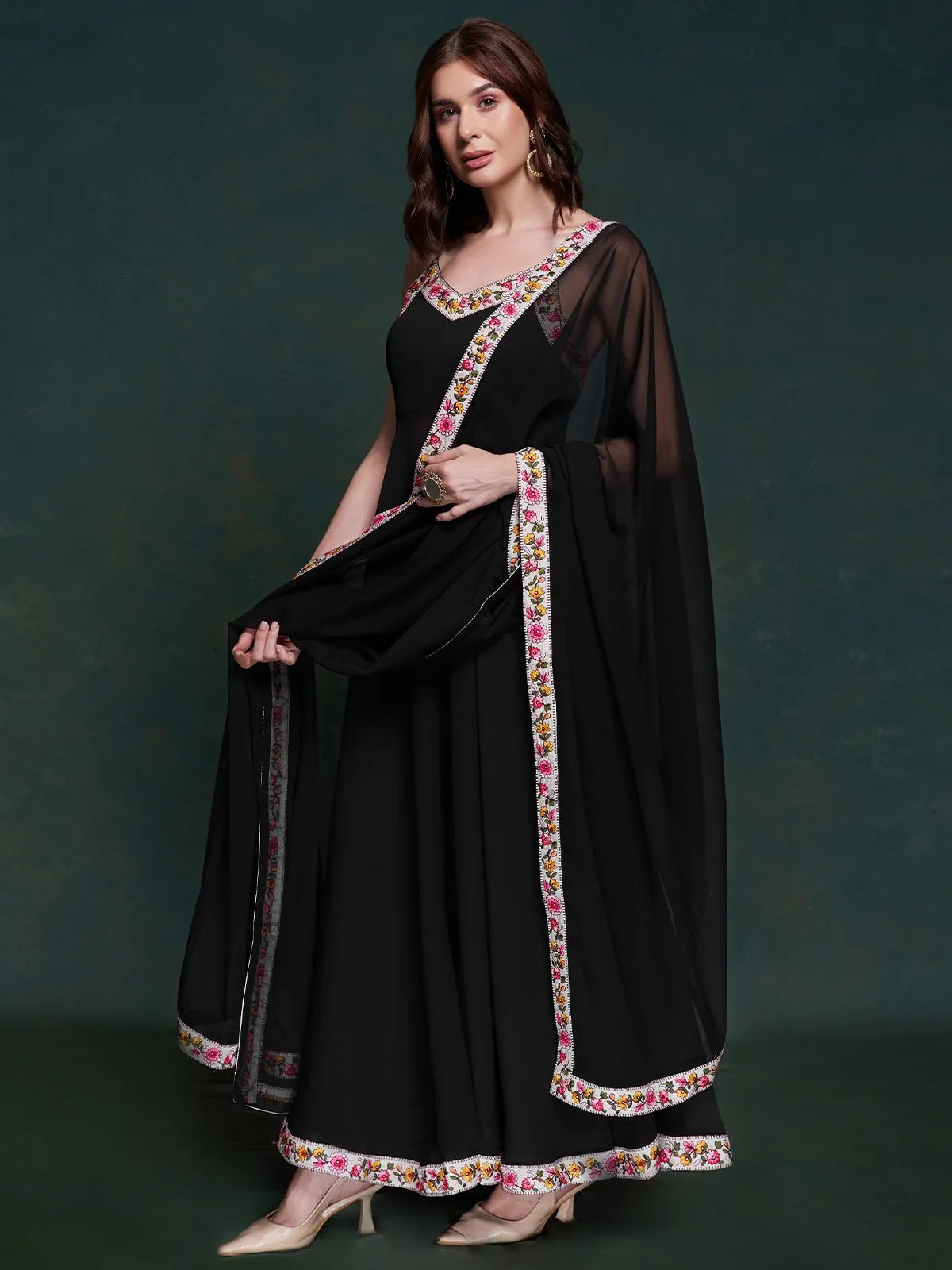 Odette Black Printed Georgette Stitched Kurta Set For Women