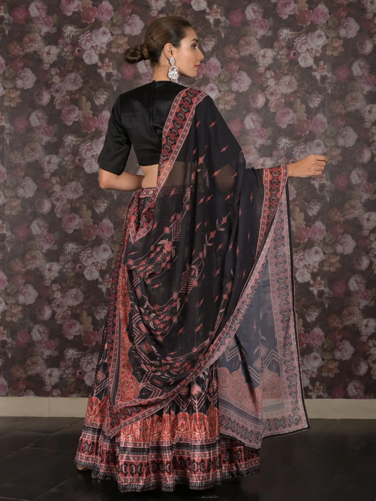 Odette Black Printed Semi Stitched Crepe Lehenga with Unstitched Blouse And Dupatta For Women