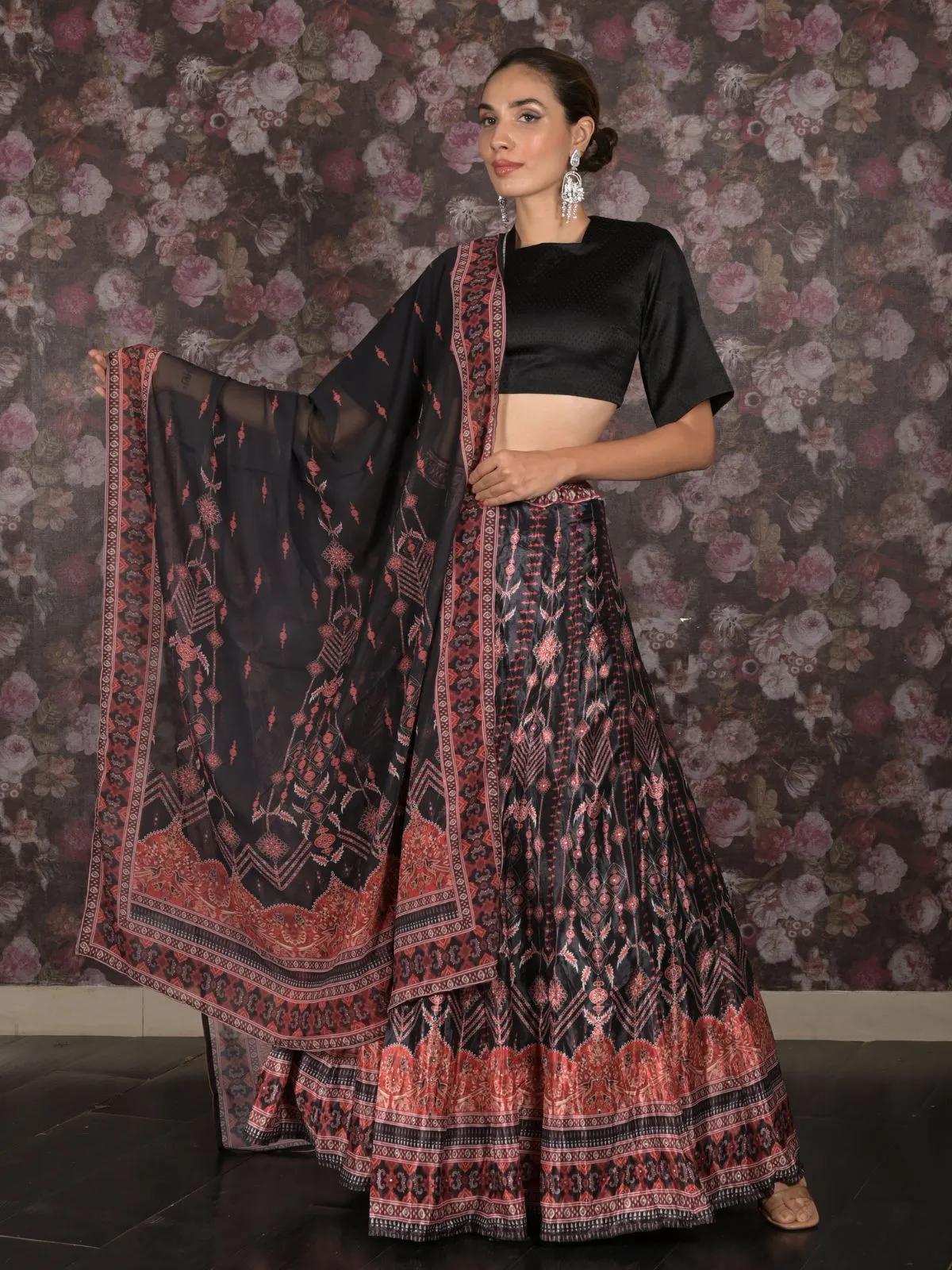 Odette Black Printed Semi Stitched Crepe Lehenga with Unstitched Blouse And Dupatta For Women