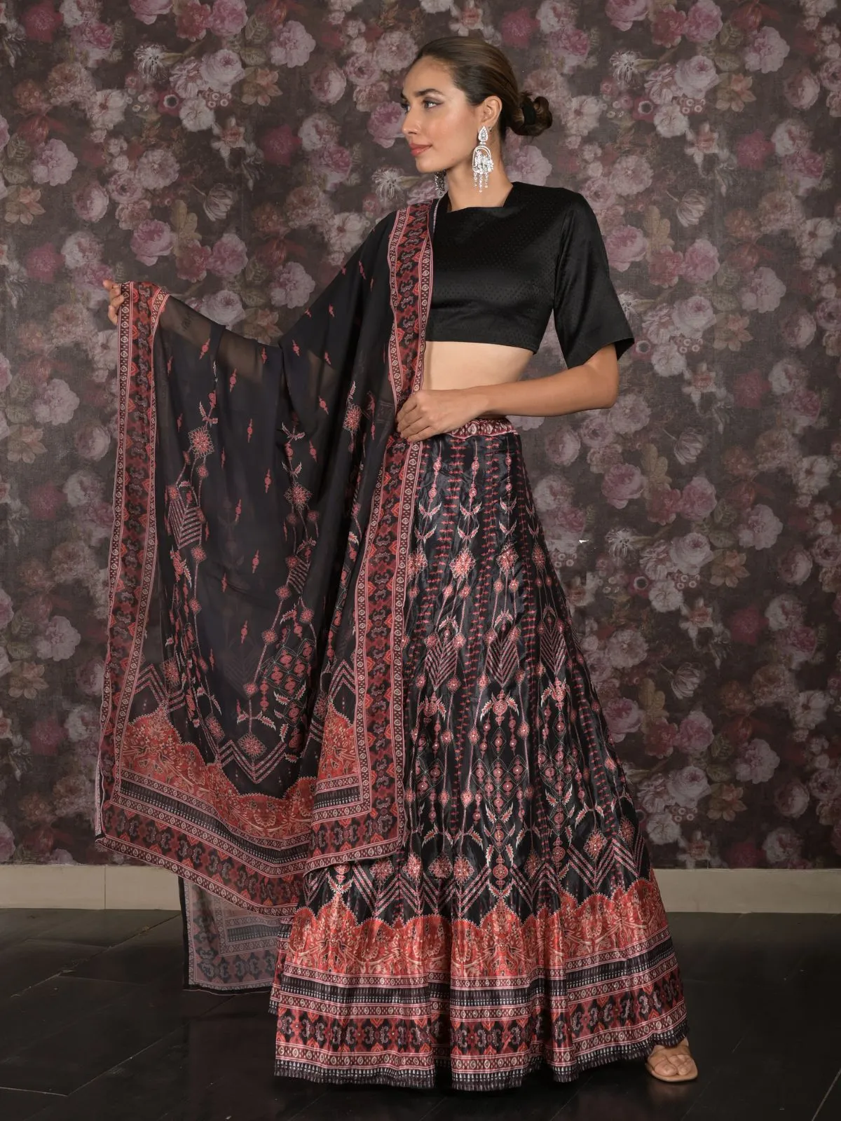 Odette Black Printed Semi Stitched Crepe Lehenga with Unstitched Blouse And Dupatta For Women