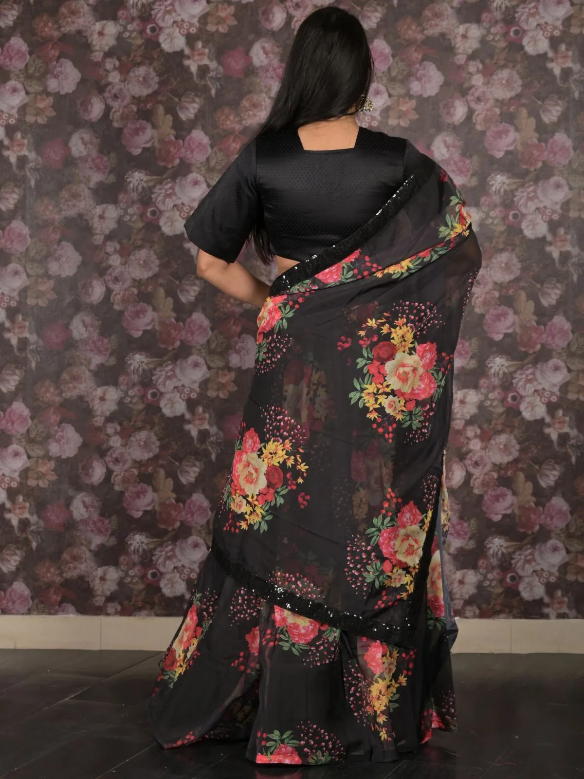 Odette Black Printed Semi Stitched Lehenga with Unstitched Blouse And Dupatta For Women