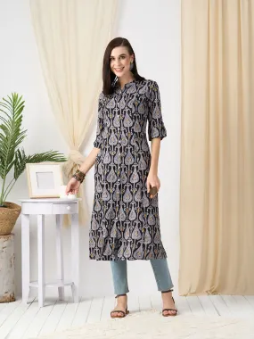 Odette Black Rayon Printed Stitched Kurta for Women