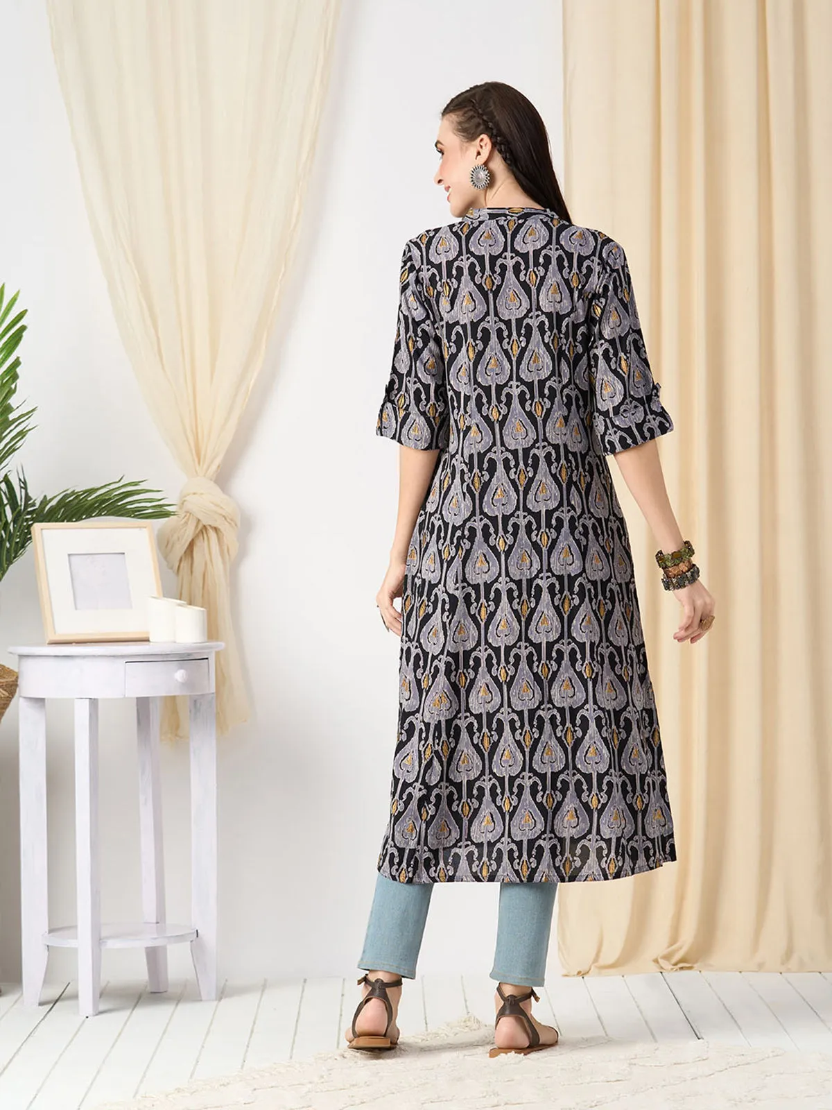 Odette Black Rayon Printed Stitched Kurta for Women