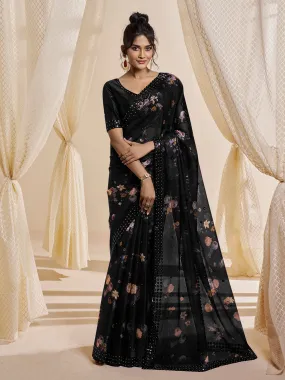 Odette Black Satin Printed Saree with Unstitched Blouse For Women