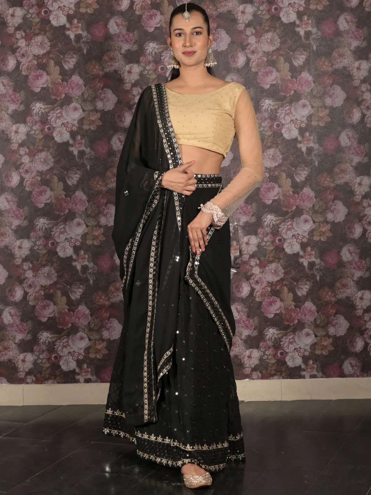 Odette Black Semi Stitched Sequins Embroidered Lehenga with Unstitched Blouse And Dupatta For Women