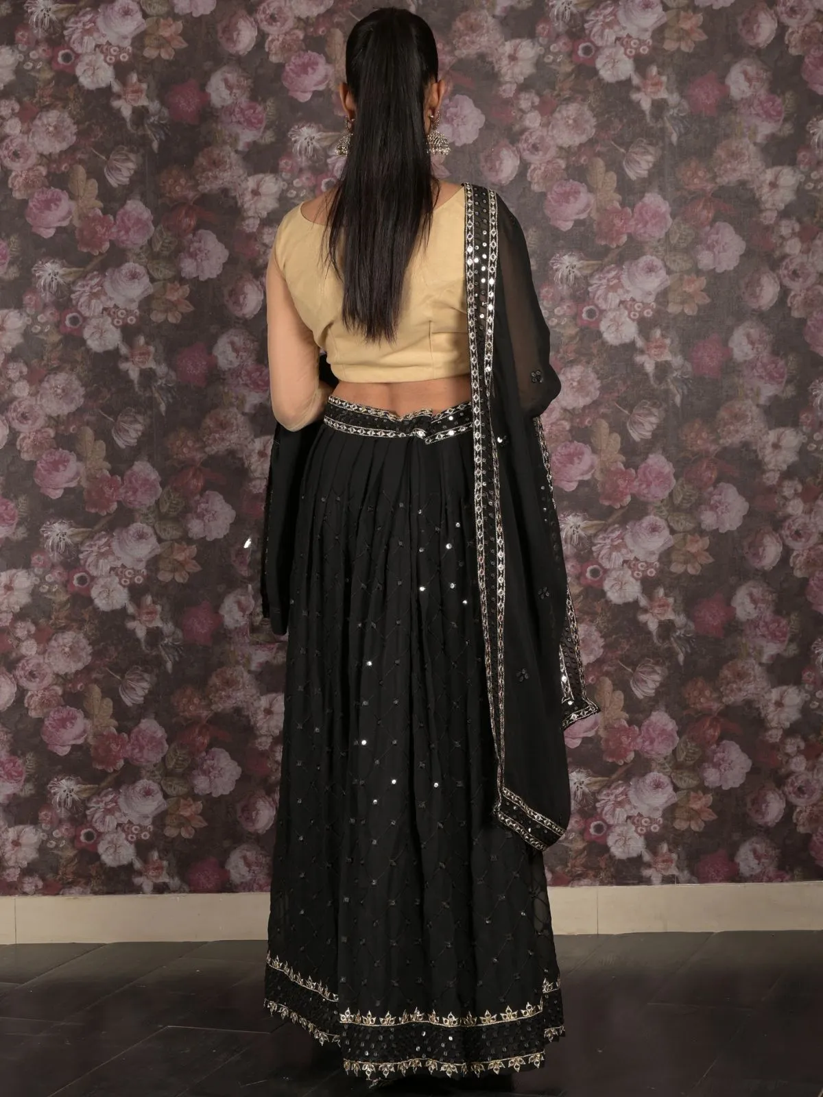 Odette Black Semi Stitched Sequins Embroidered Lehenga with Unstitched Blouse And Dupatta For Women