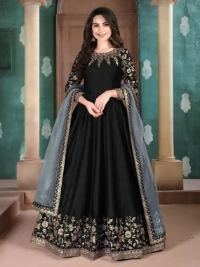 Odette Black Silk Embroidered Semi stitched Kurta Set For Women