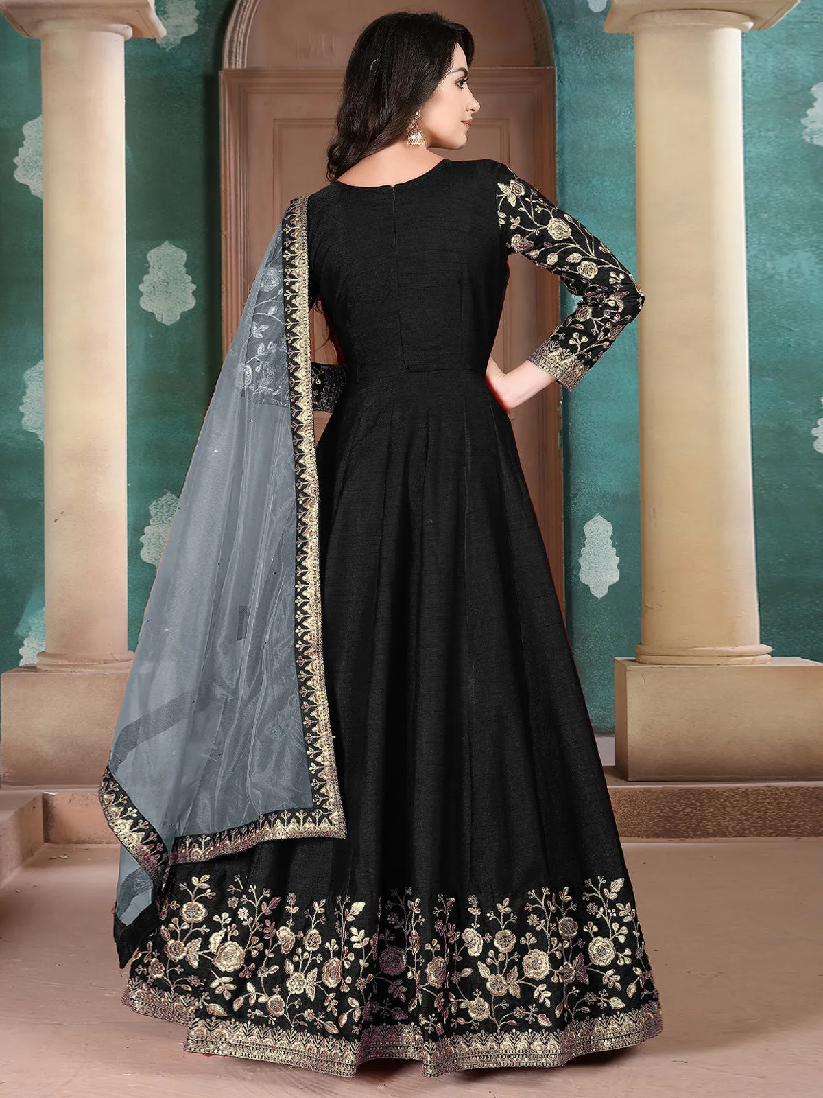 Odette Black Silk Embroidered Semi stitched Kurta Set For Women