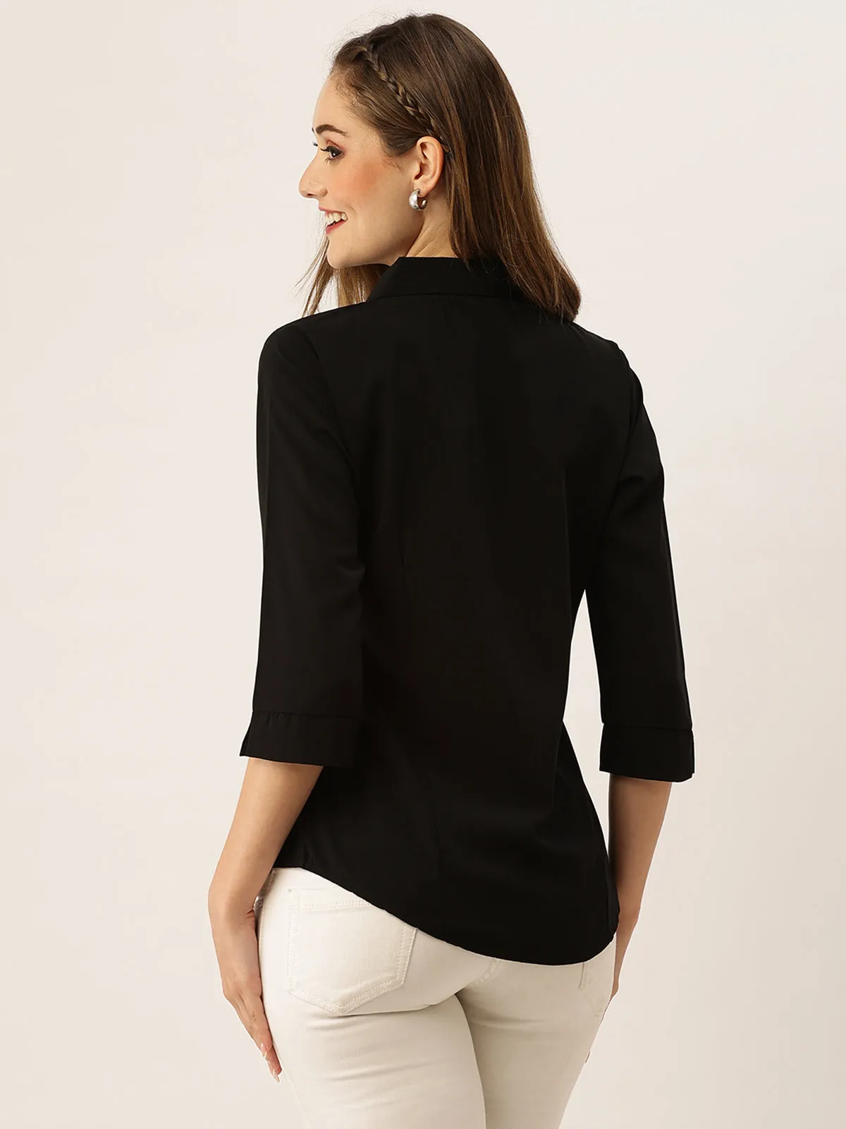 Odette Black Synthetic Solid Stitched Shirt For Women