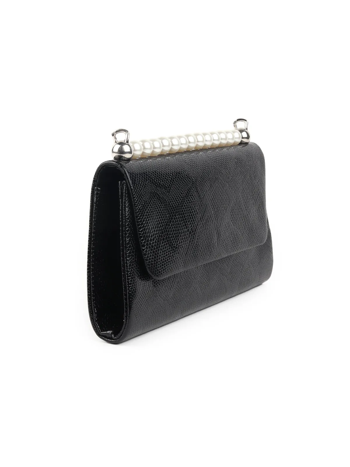 Odette Black Textured And Beads Embellished Clutch For Women