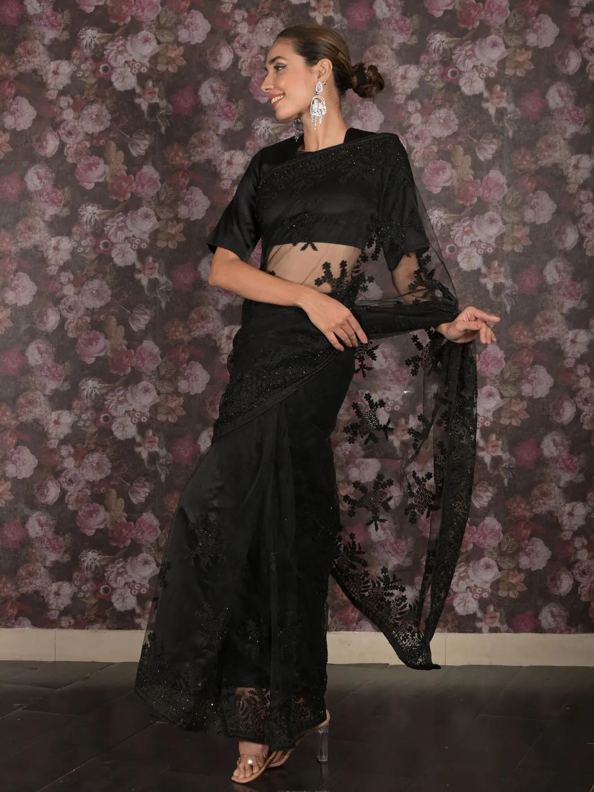 Odette Black Thread Embroidered Net Saree With Unstitched Blouse For Women