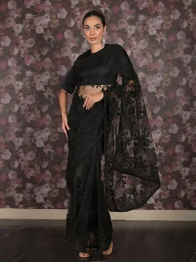 Odette Black Thread Embroidered Net Saree With Unstitched Blouse For Women