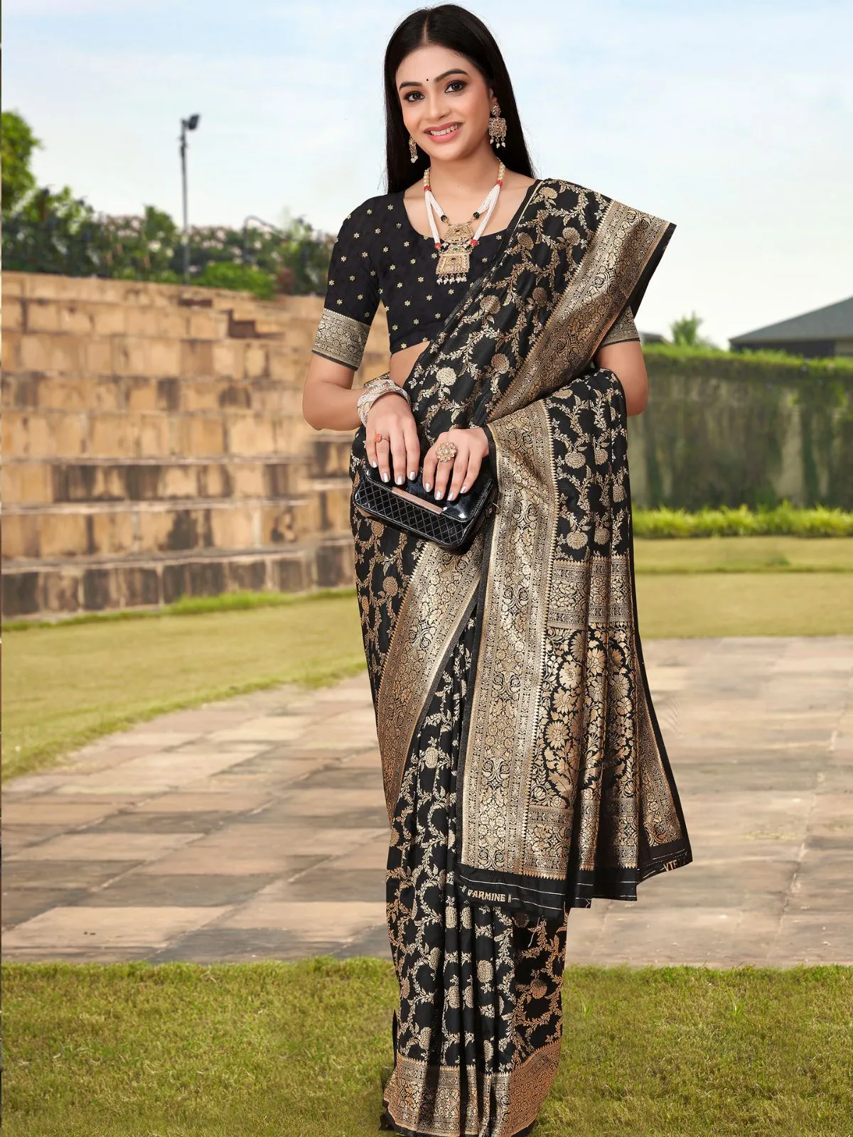 Odette Black Woven Banarasi Silk Saree With Unstitched Blouse For Women