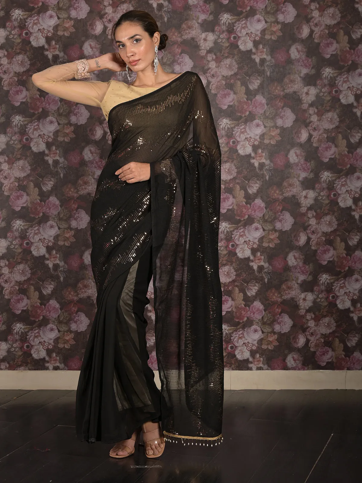 Odette Black Woven Chiffon Saree Without Blouse for Women