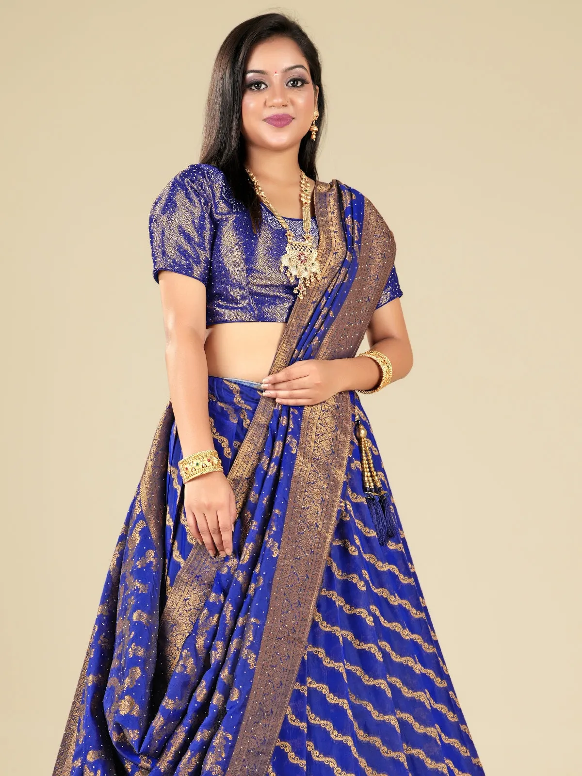 Odette Blue Banarasi Woven  Semi Stitched  Lehenga With Unstitched Blouse For Women