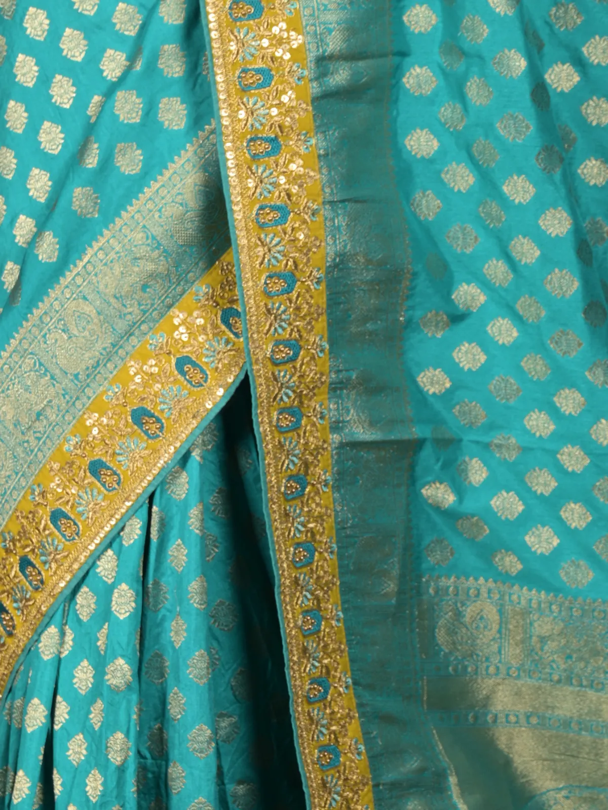 Odette Blue Beads Embroidered Silk Blend Saree with Unstitched Blouse for Women