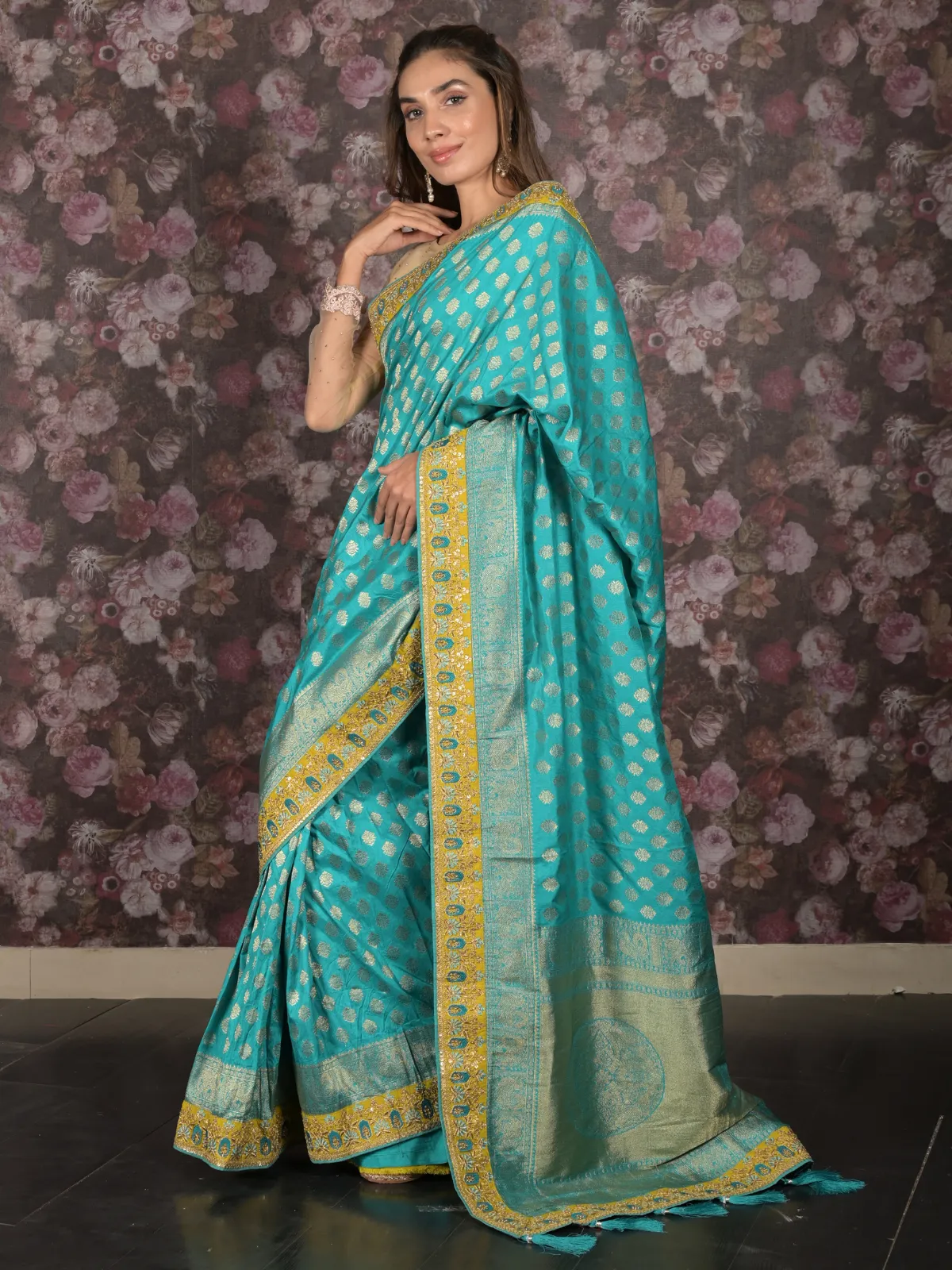 Odette Blue Beads Embroidered Silk Blend Saree with Unstitched Blouse for Women