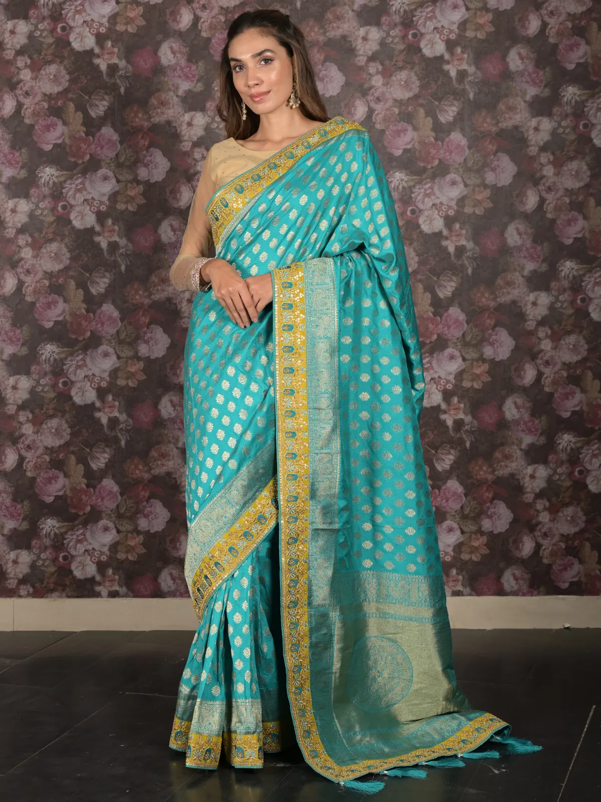 Odette Blue Beads Embroidered Silk Blend Saree with Unstitched Blouse for Women