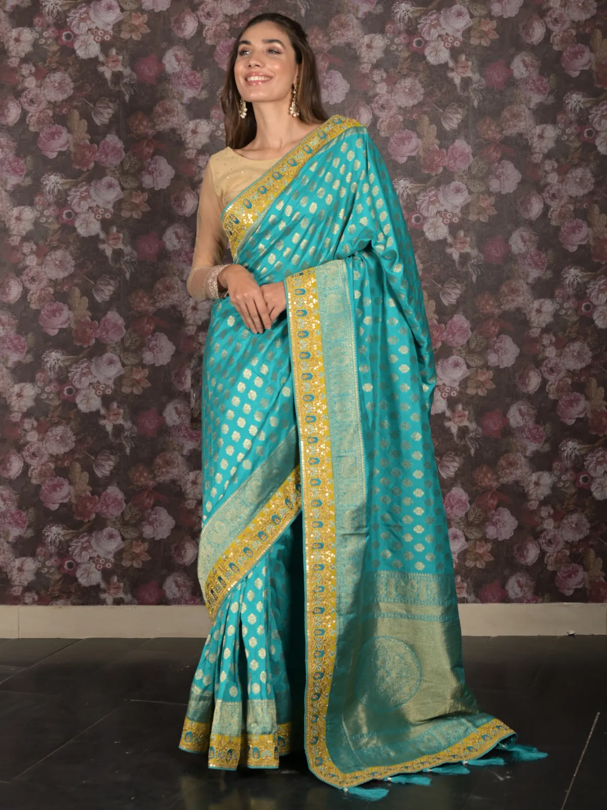 Odette Blue Beads Embroidered Silk Blend Saree with Unstitched Blouse for Women