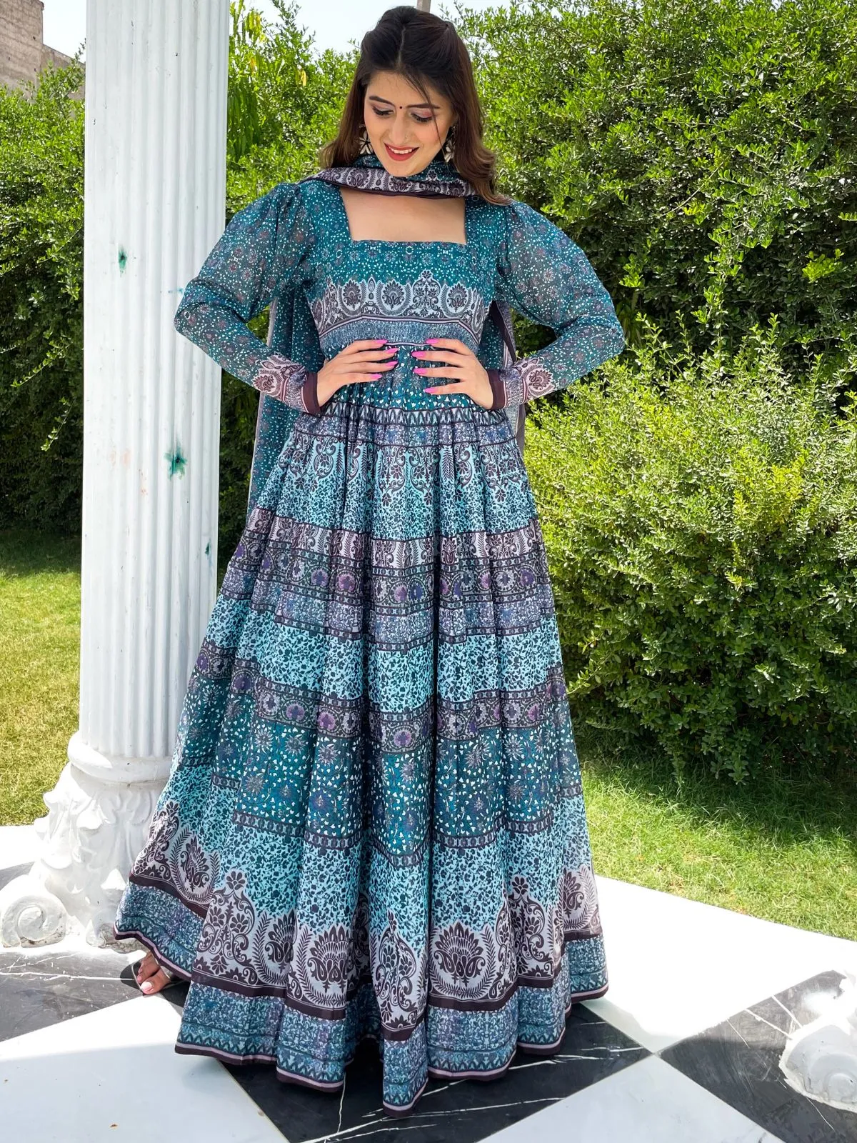 Odette Blue Chanderi  Printed Gown with Dupatta For Women