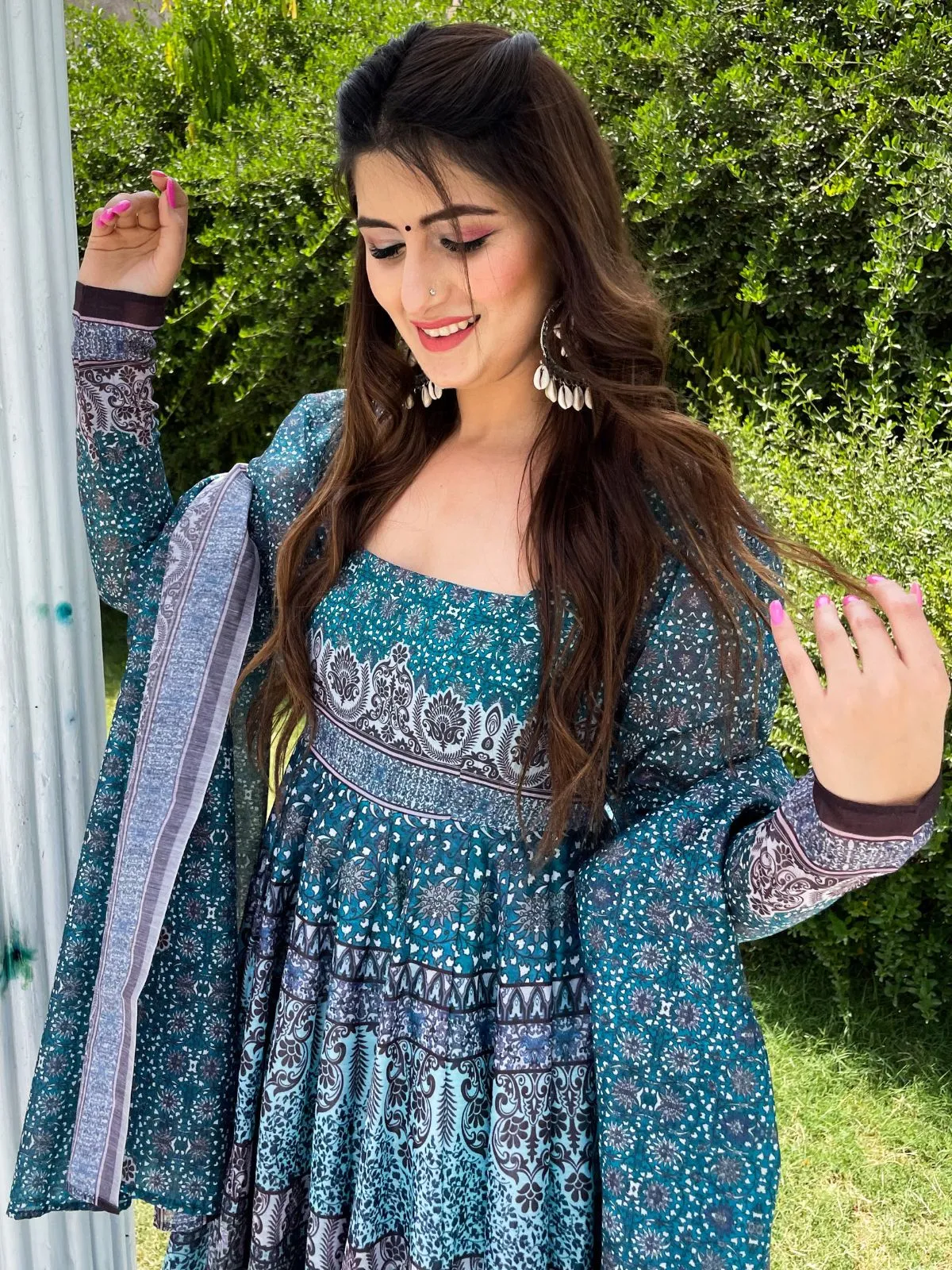 Odette Blue Chanderi  Printed Gown with Dupatta For Women