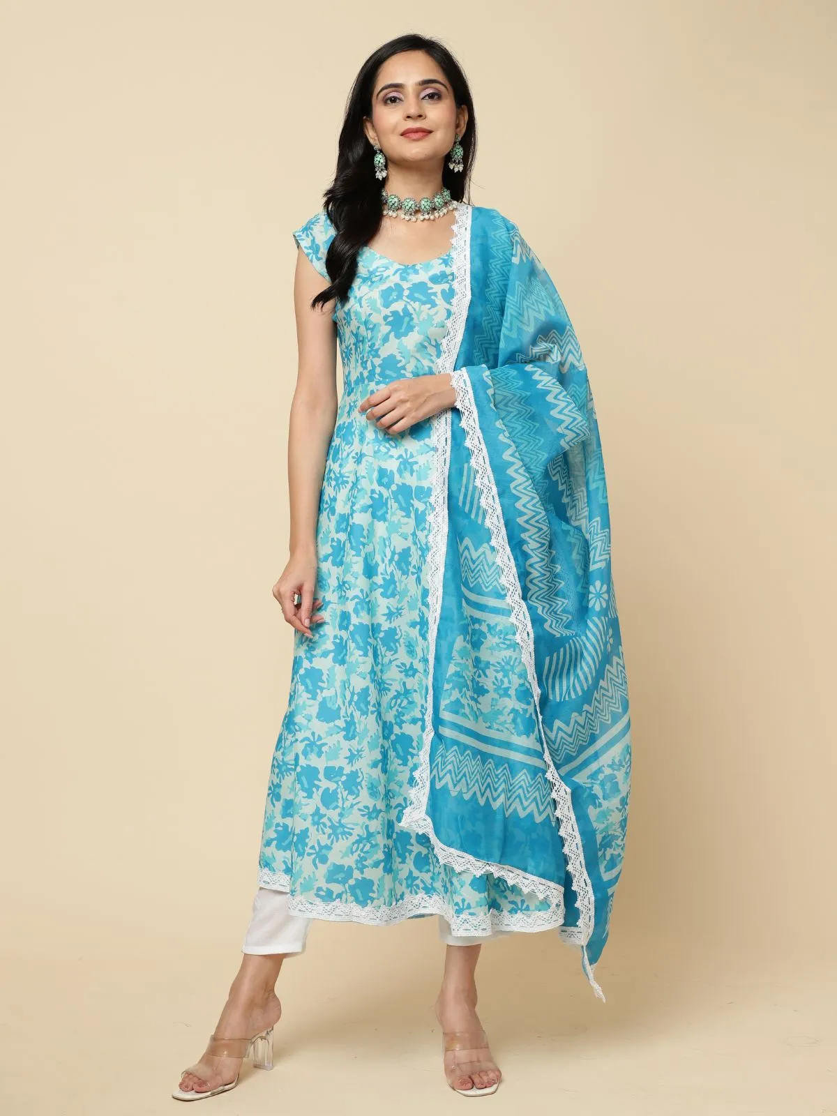 Odette Blue Cotton Blend Printed Stitched Kurta Set  For Women