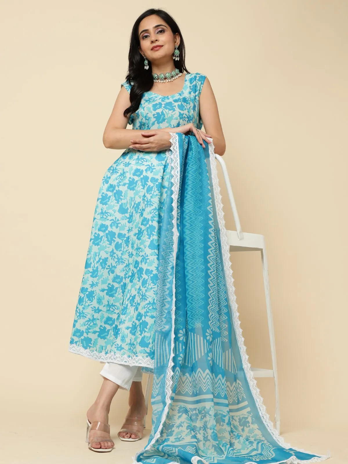 Odette Blue Cotton Blend Printed Stitched Kurta Set  For Women