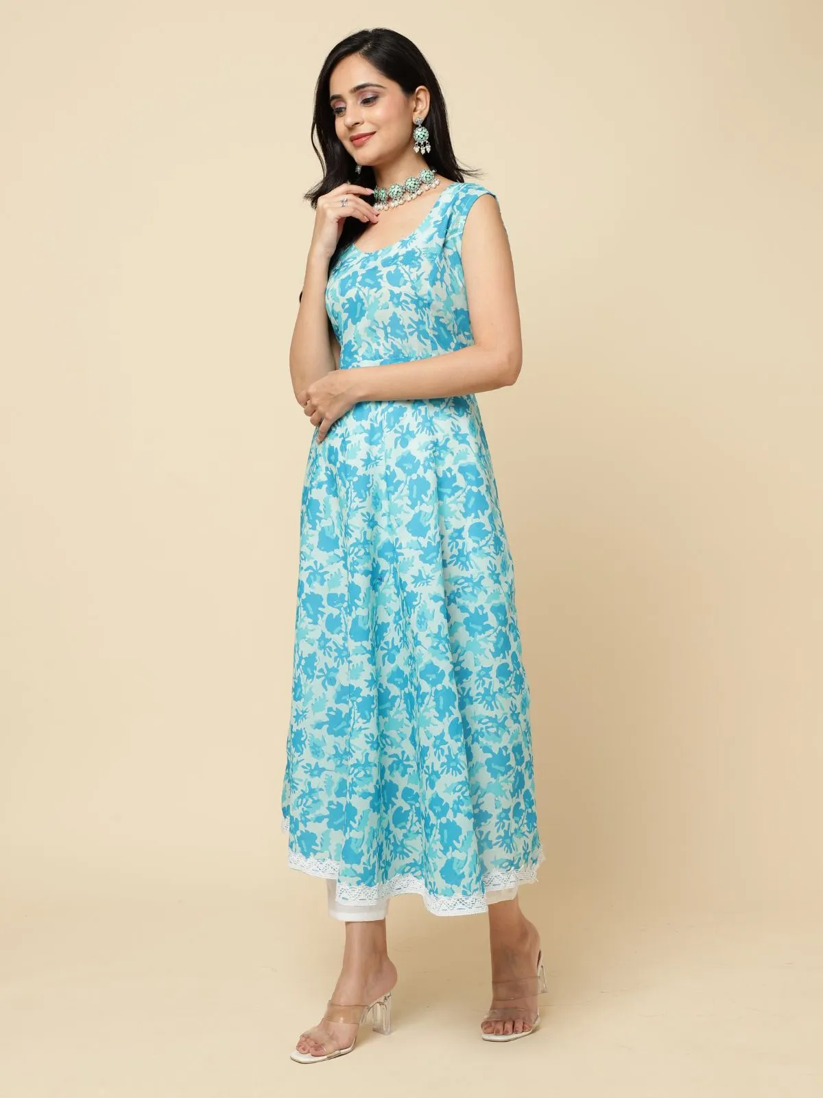 Odette Blue Cotton Blend Printed Stitched Kurta Set  For Women