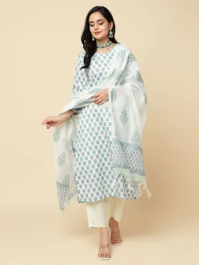 Odette Blue Cotton Blend Printed Stitched Kurta Set  For Women