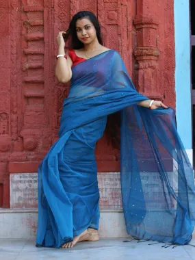 Odette Blue Cotton  Saree  With Unstitched Blouse for Women