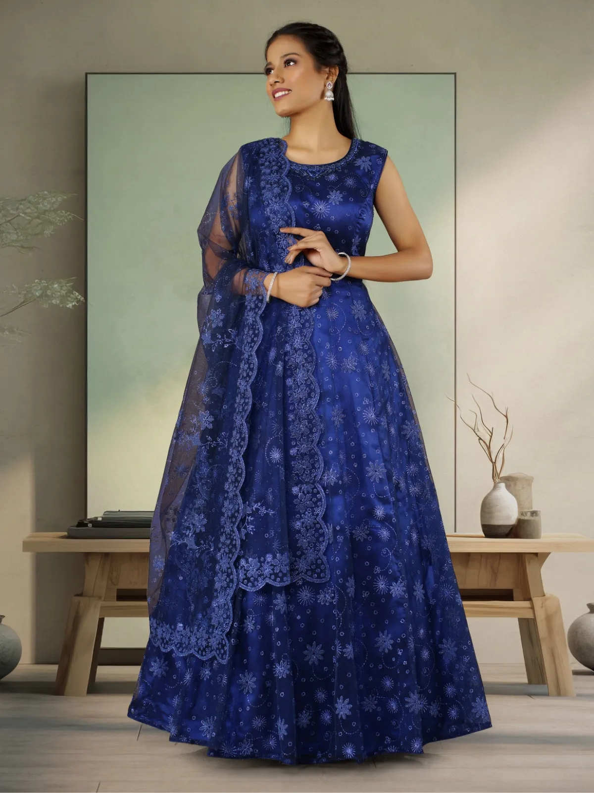 Odette Blue  Net  Embroidered Stitched Gown  for Women