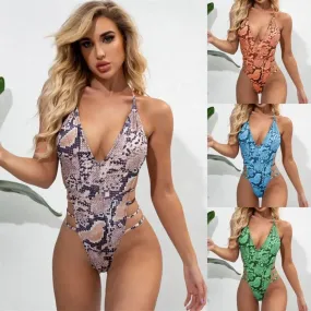 One piece Snake Pattern Swimwear backckless