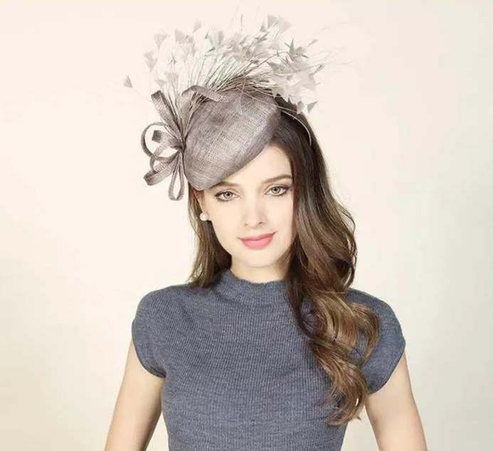 Premium Gray-brown Sinamay Pillbox Fascinator Hat with Flock of Feathers