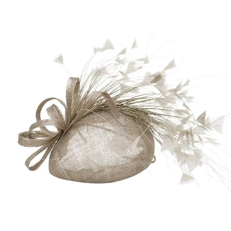 Premium Gray-brown Sinamay Pillbox Fascinator Hat with Flock of Feathers