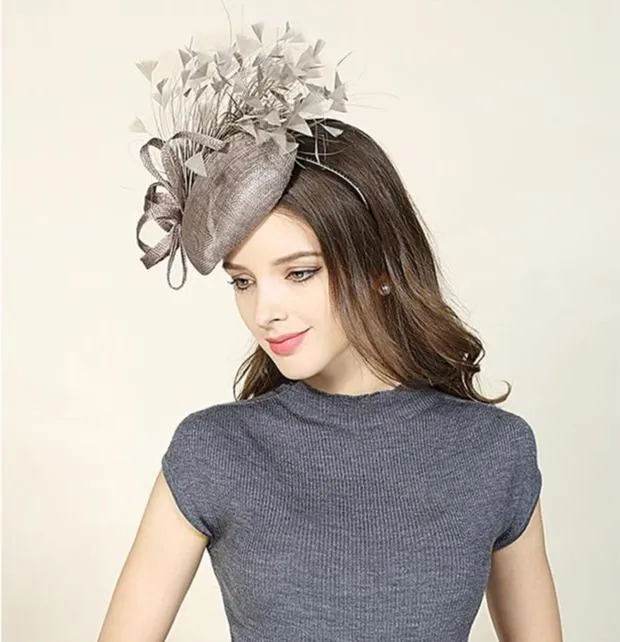 Premium Gray-brown Sinamay Pillbox Fascinator Hat with Flock of Feathers