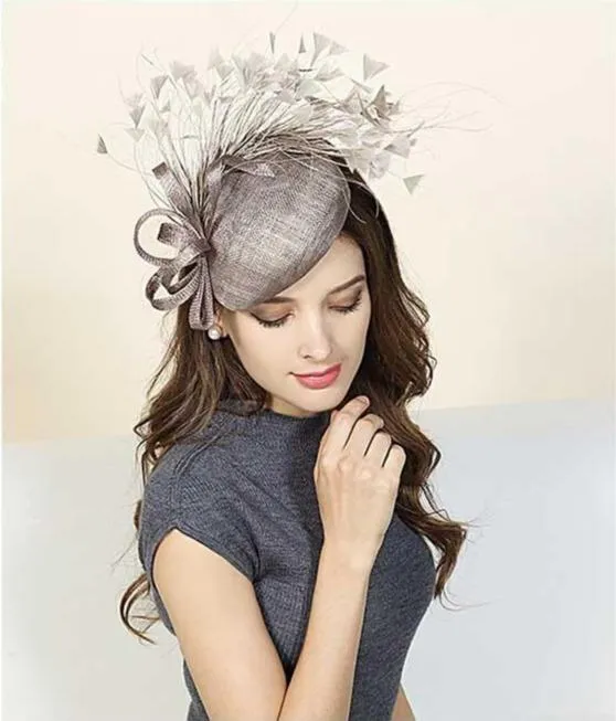 Premium Gray-brown Sinamay Pillbox Fascinator Hat with Flock of Feathers