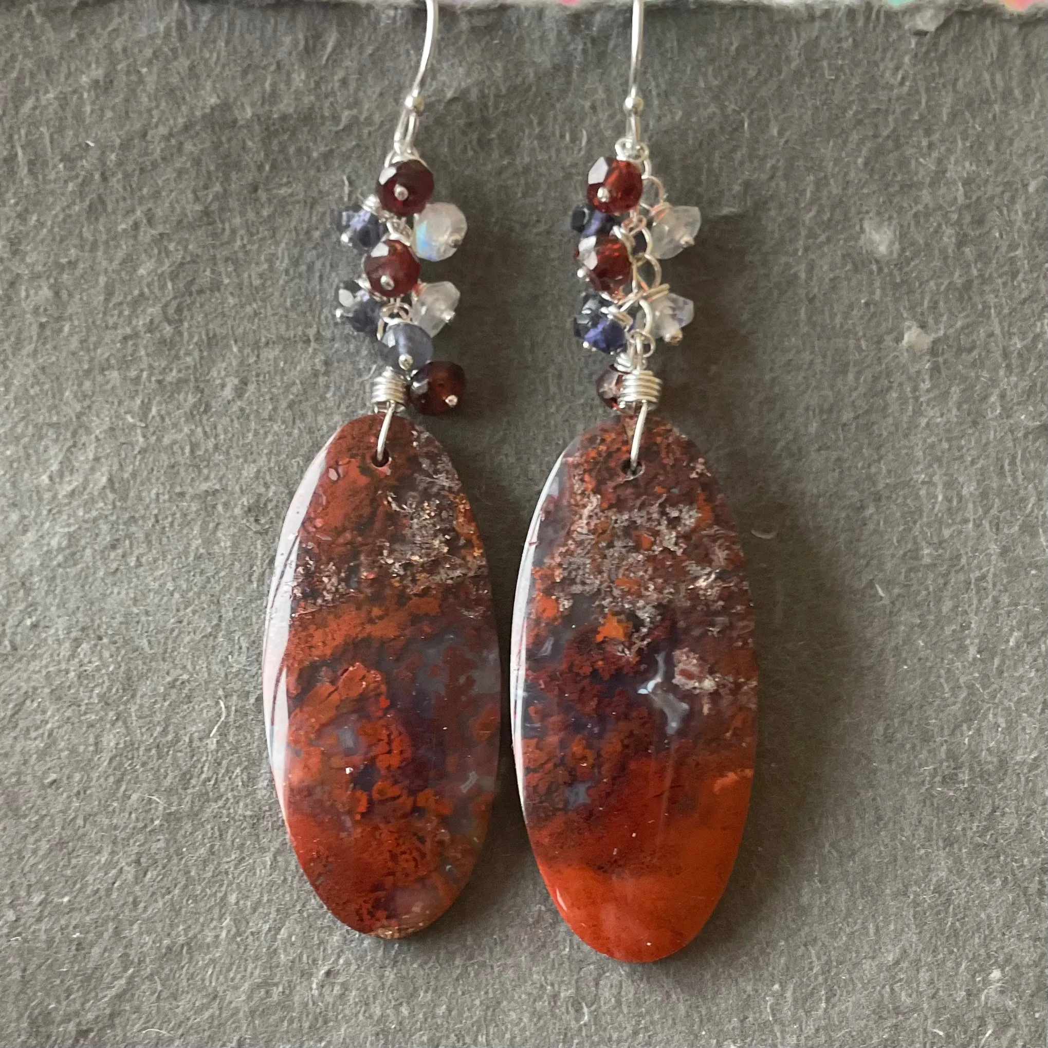 Purple Carnelian Moss Agate Cascade Oval Earrings OOAK