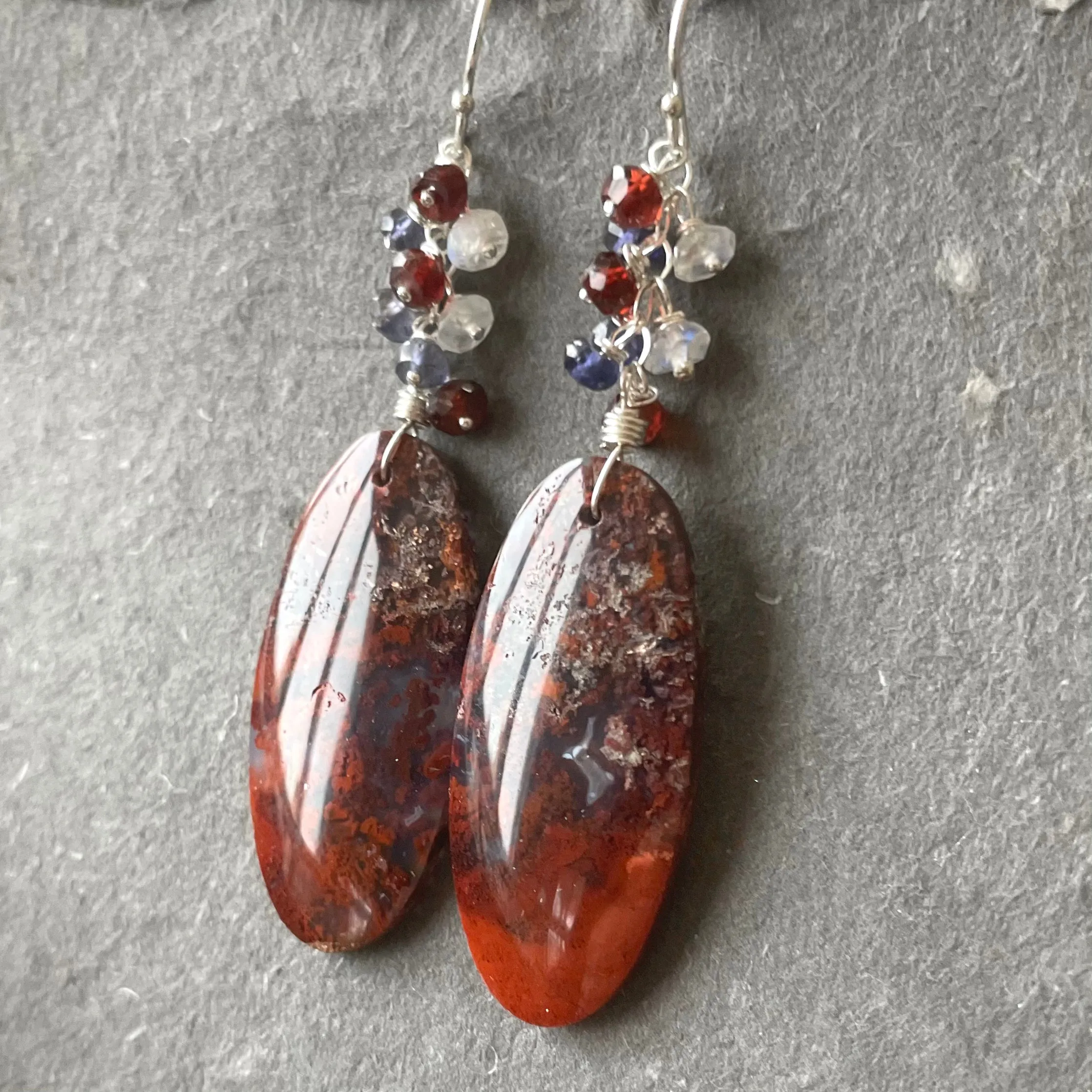 Purple Carnelian Moss Agate Cascade Oval Earrings OOAK