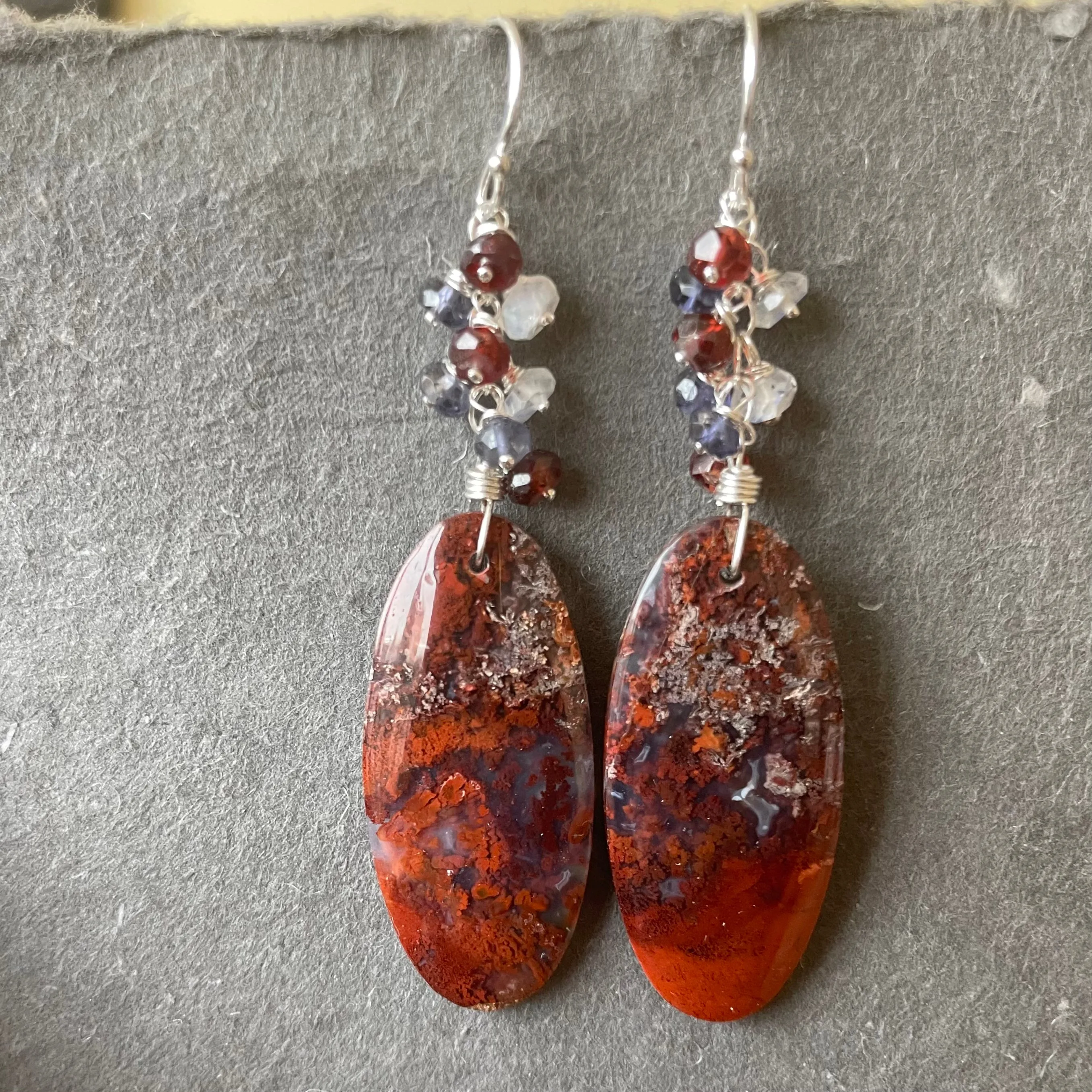 Purple Carnelian Moss Agate Cascade Oval Earrings OOAK