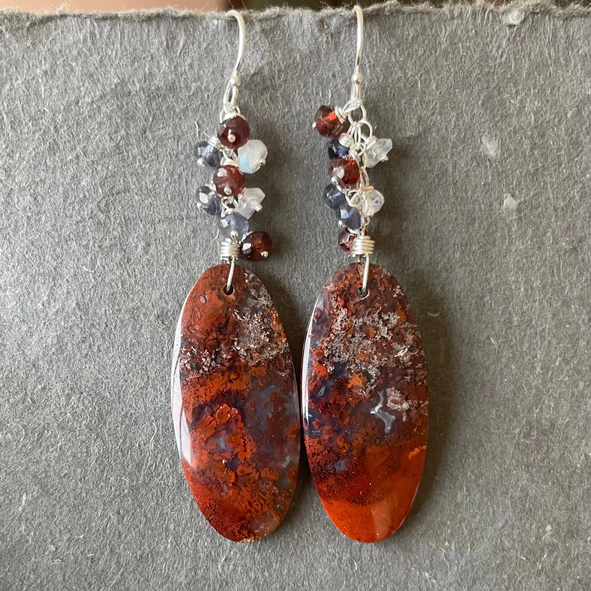 Purple Carnelian Moss Agate Cascade Oval Earrings OOAK