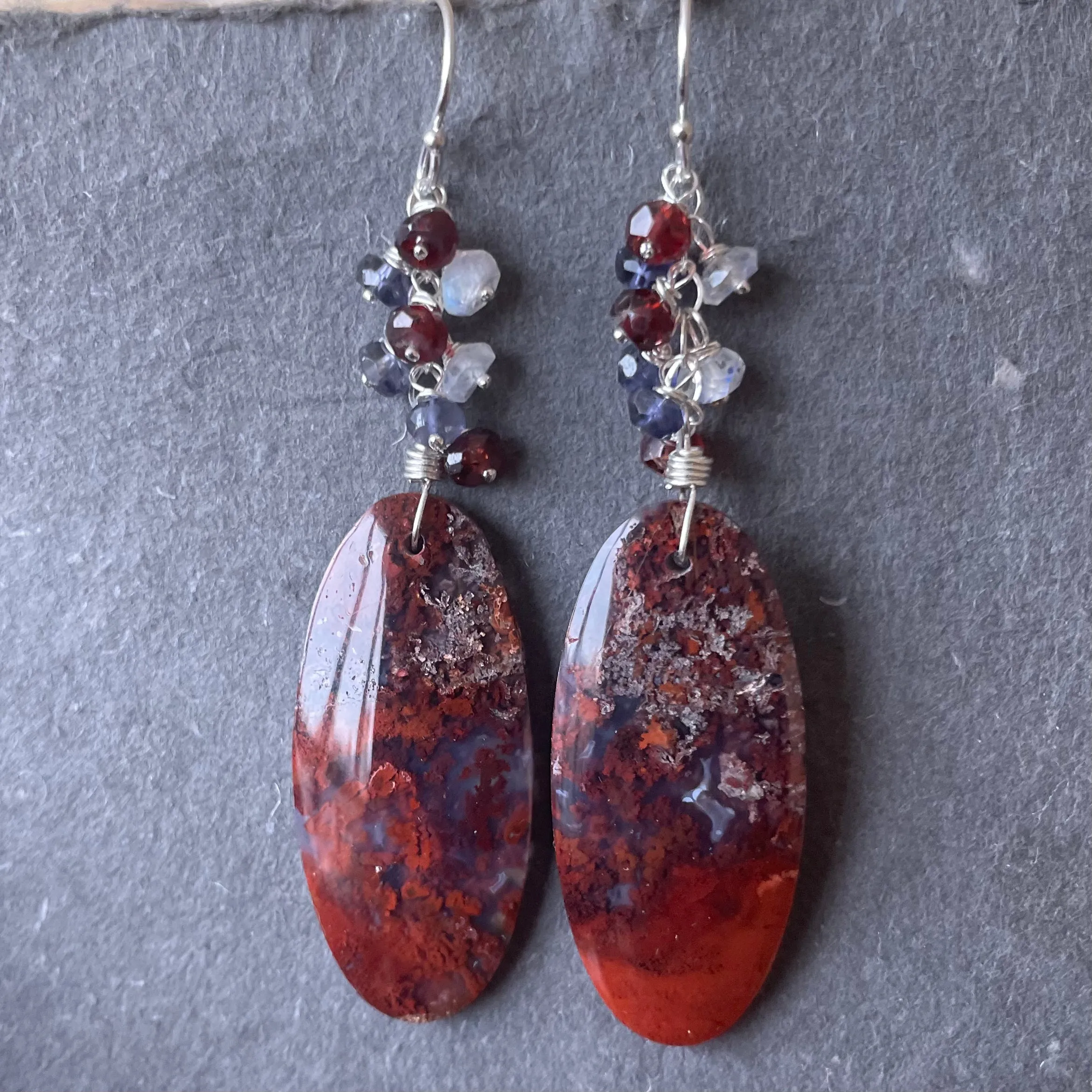 Purple Carnelian Moss Agate Cascade Oval Earrings OOAK