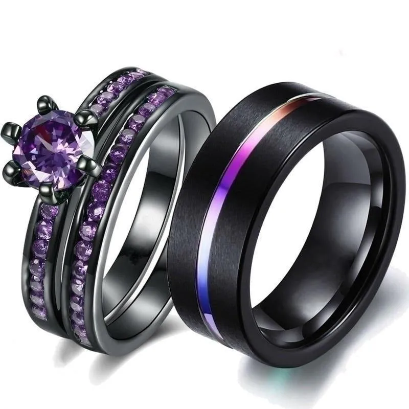 Rainbow Tungsten Carbide and Purple Cubic Zirconia 316L Stainless Steel Wedding Ring Set