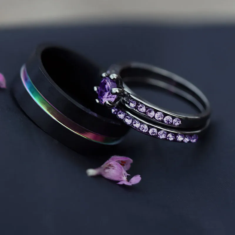 Rainbow Tungsten Carbide and Purple Cubic Zirconia 316L Stainless Steel Wedding Ring Set