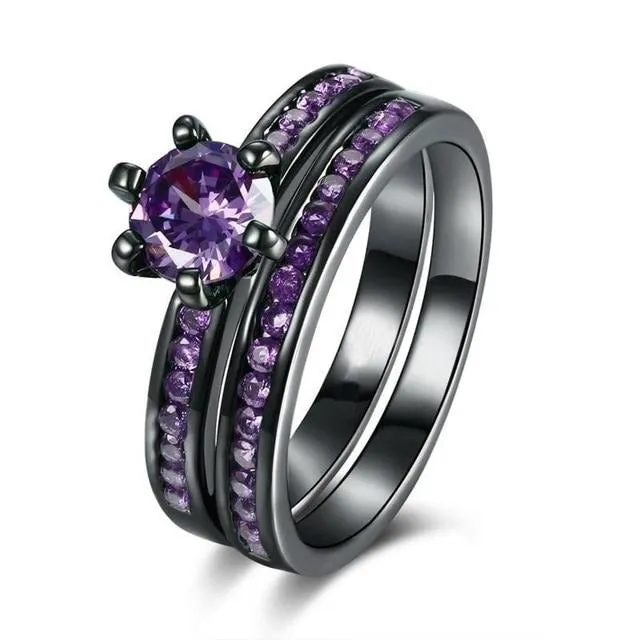 Rainbow Tungsten Carbide and Purple Cubic Zirconia 316L Stainless Steel Wedding Ring Set