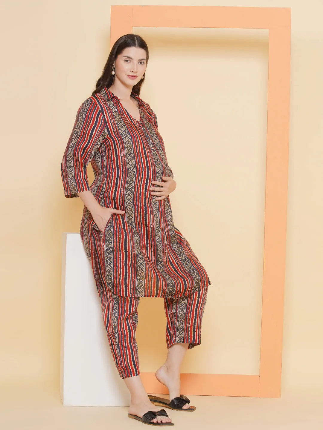 Red Stripe Print Shirt Collar Maternity & Nursing Kurta Set