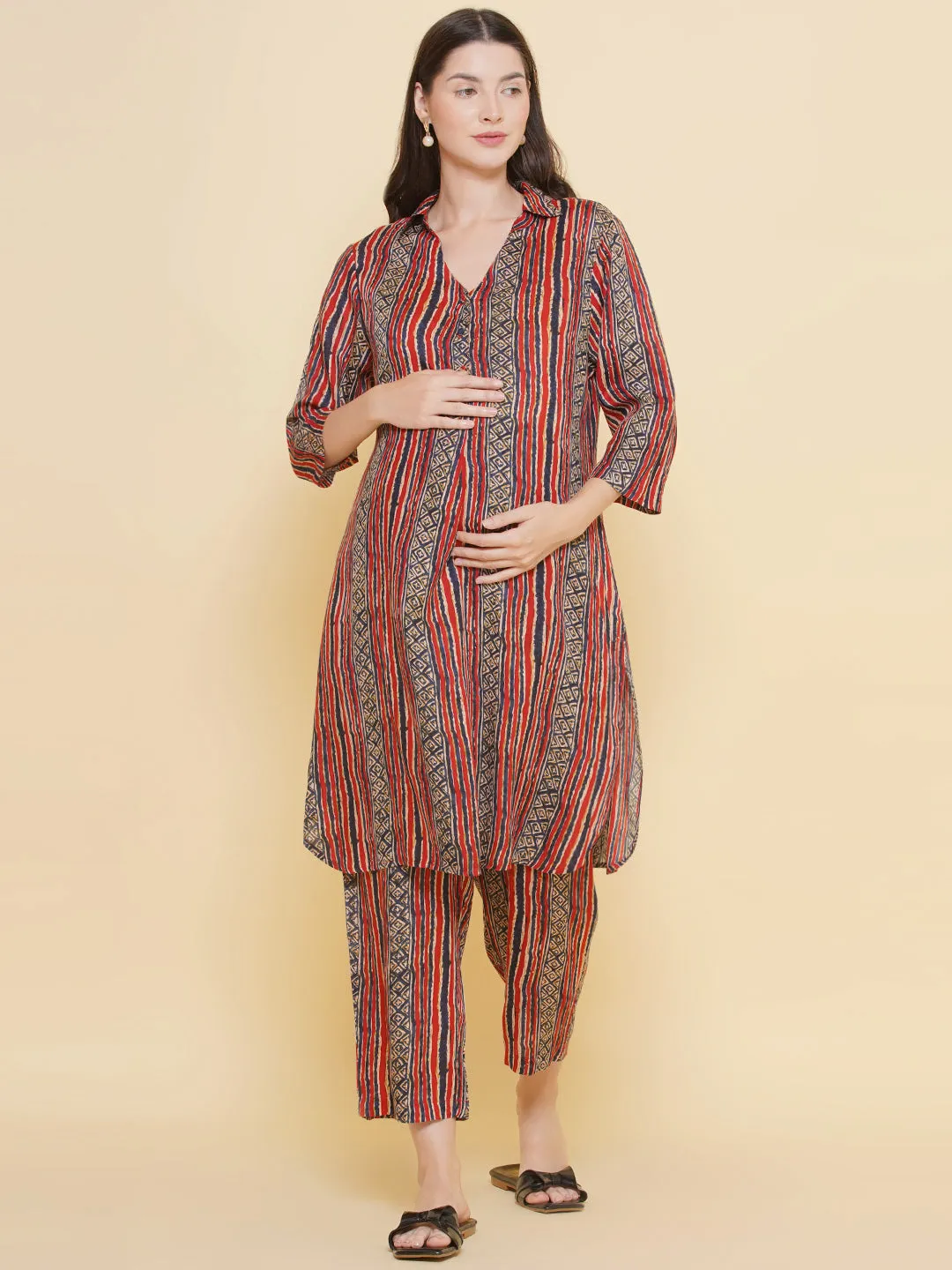 Red Stripe Print Shirt Collar Maternity & Nursing Kurta Set