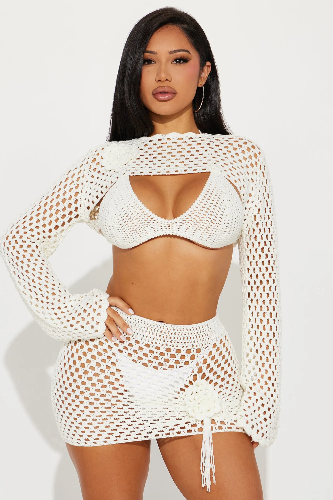 Rosa Rosette Crochet 3 Piece Cover Up Skirt Set - Ivory